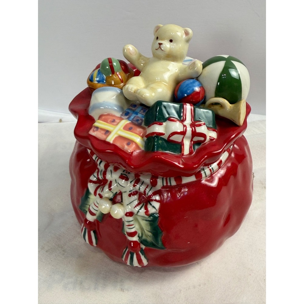 Longaberger Christmas Santa Toy Bag Ceramic Candy Jar Teddy Bear Lid Red